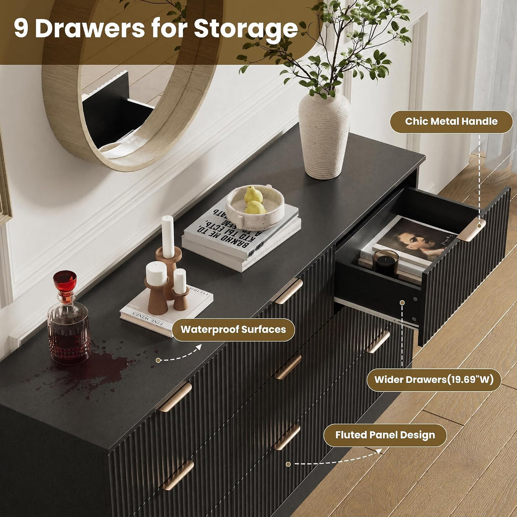 Fluted 9 Drawer Dresser , 59" Wide Wood Chest of Drawers with Metal Handle, Long Dresser Storage Organizer TV Stand