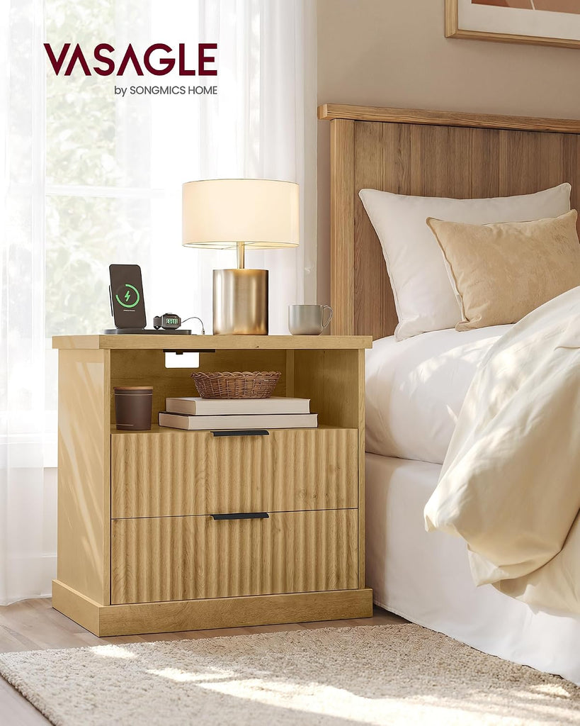 Nightstand with Charging Station, Fluted Night Stand, Bedside Table, Mid Century Modern Side End Table