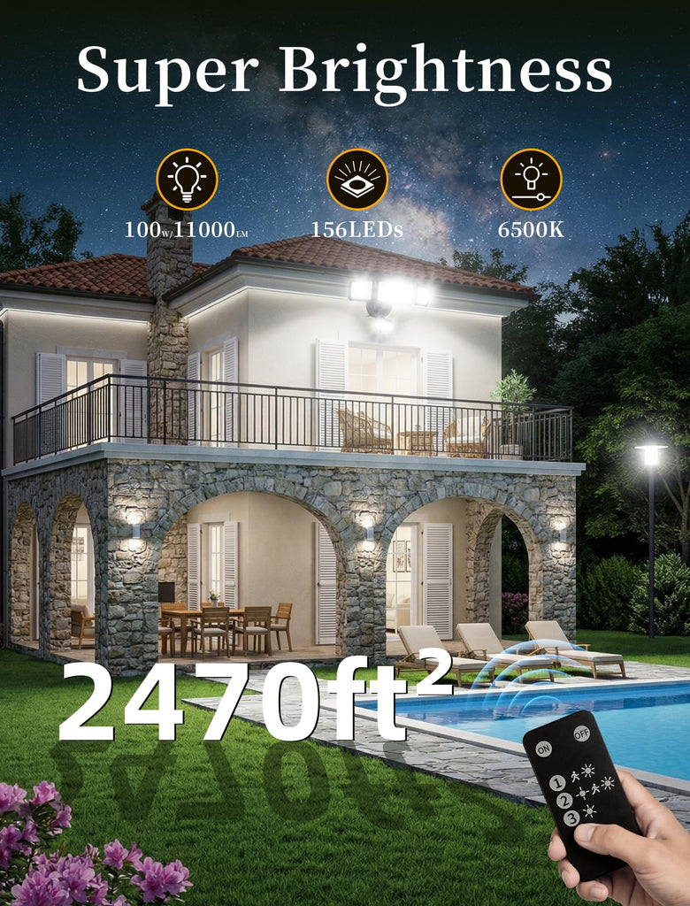 Security Lights Outdoor with Remote Control, 6500K Daylight LED Flood Light, IP66 Waterproof, Dusk to