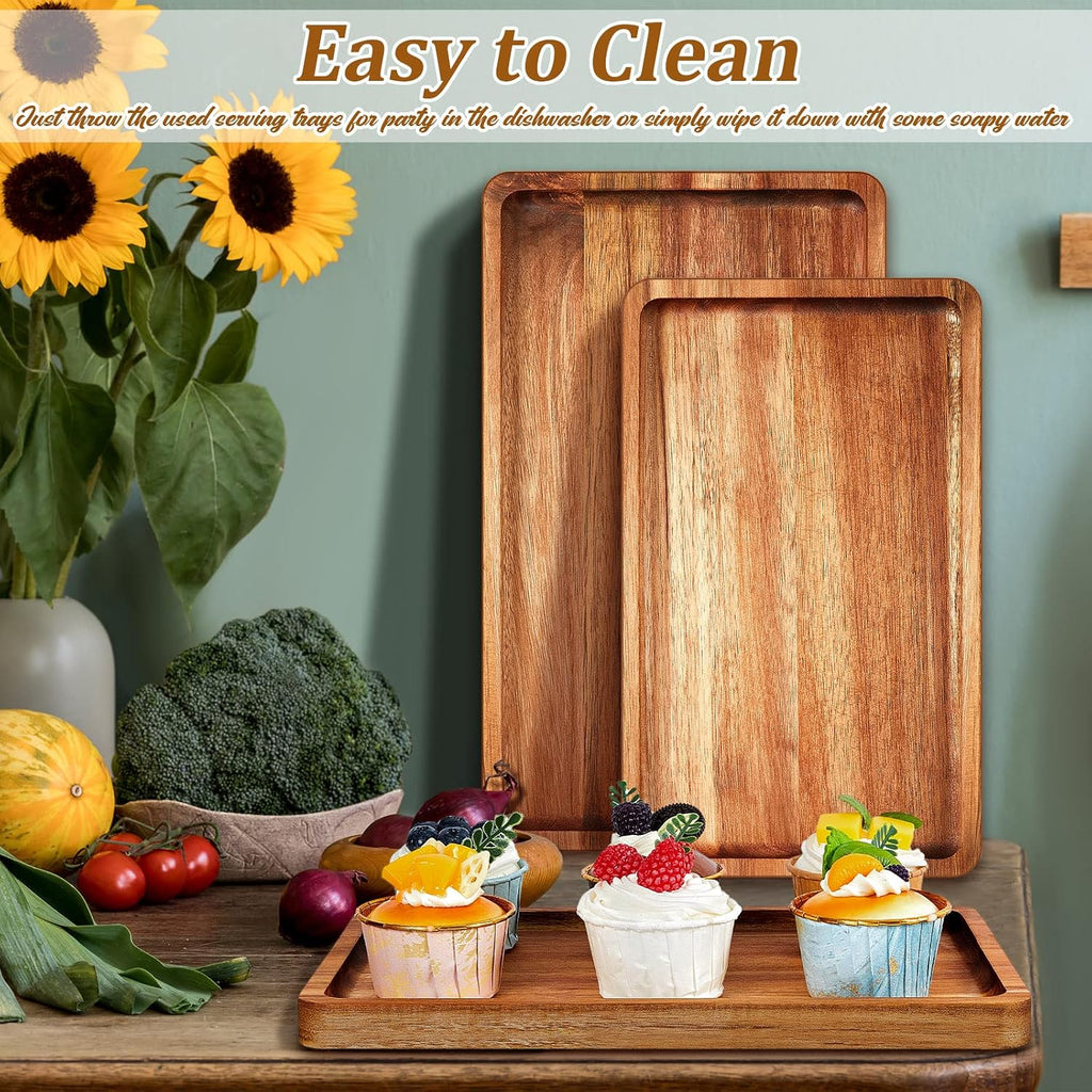 6 Pcs Acacia Wood Serving Trays Wooden Plates for Food 3 Sizes Rectangular Serving Platter Set Natural Wooden Boards