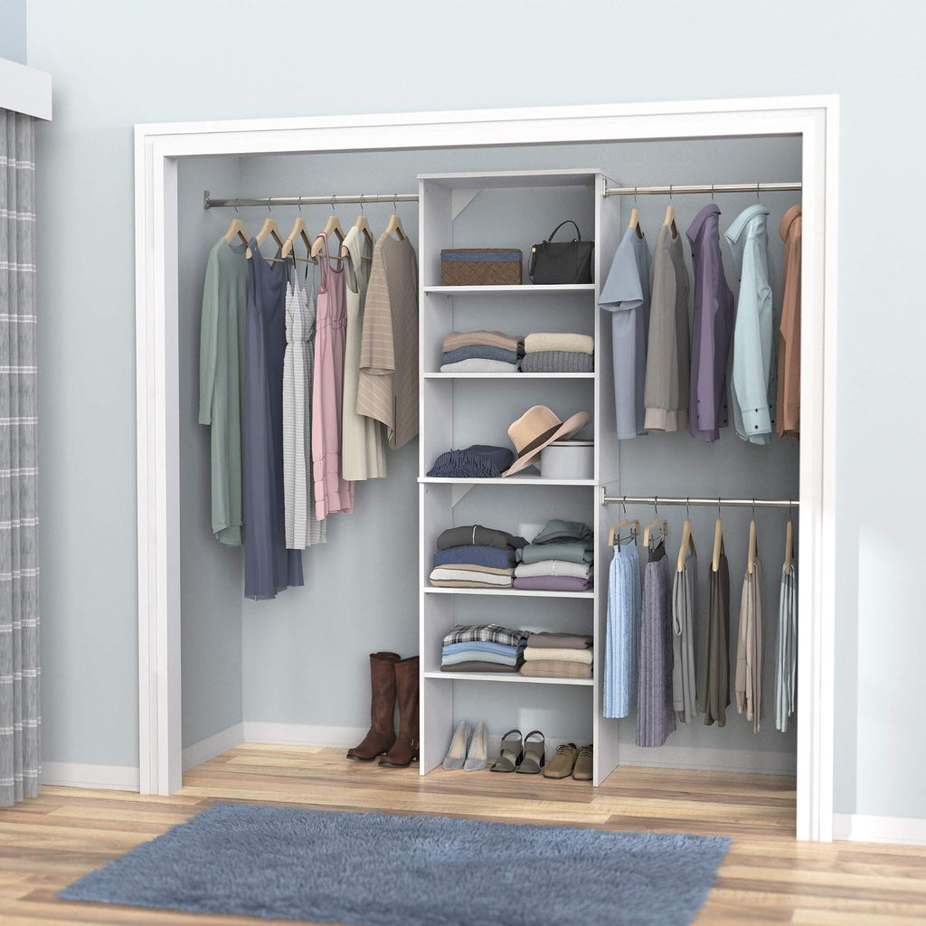 SuiteSymphony Wood Closet Organizer System, 25-Inch Starter Kit with Tower and 3 Hang Rods and Shelving, Adjustable