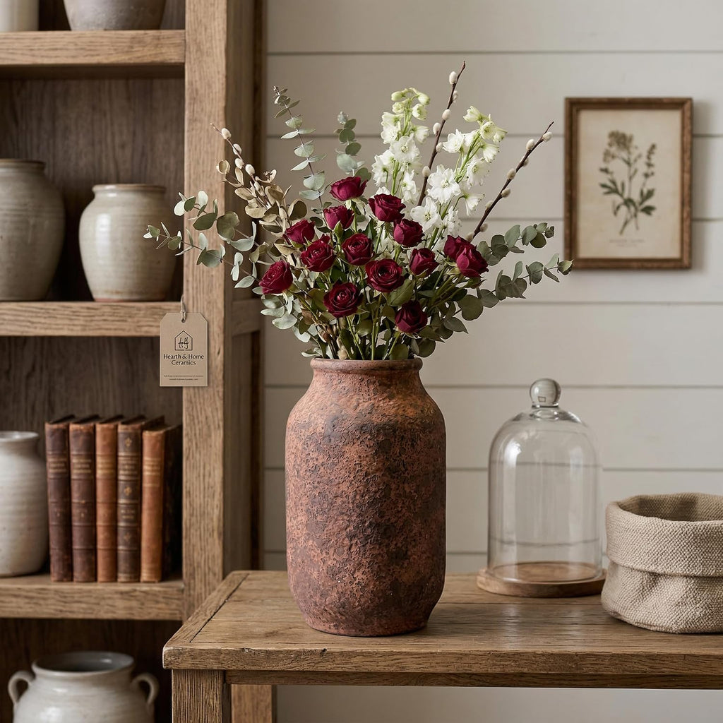 Terracotta Farmhouse Vase, 9 Inch Rustic Ceramic Flower Vases