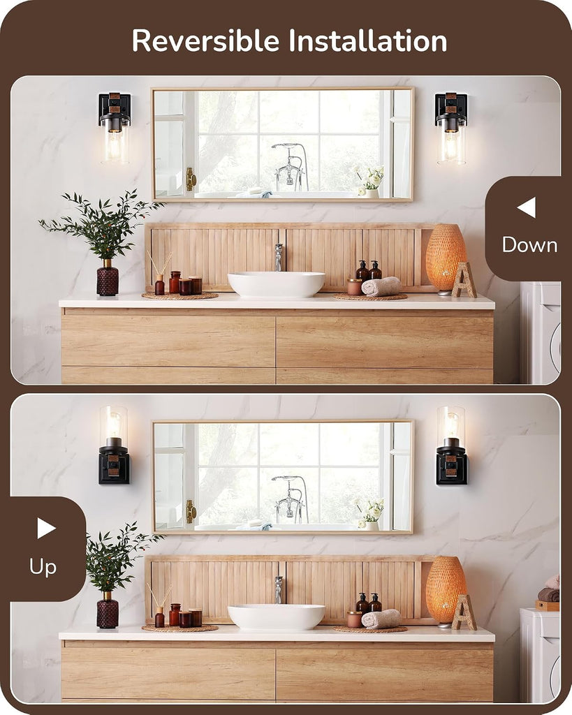 Wall Sconces Set of 2, Farmhouse Vanity Lights Fixtures for Bathroom, 1-Light Faux Wood Rustic Bath Wall Mount Lamp