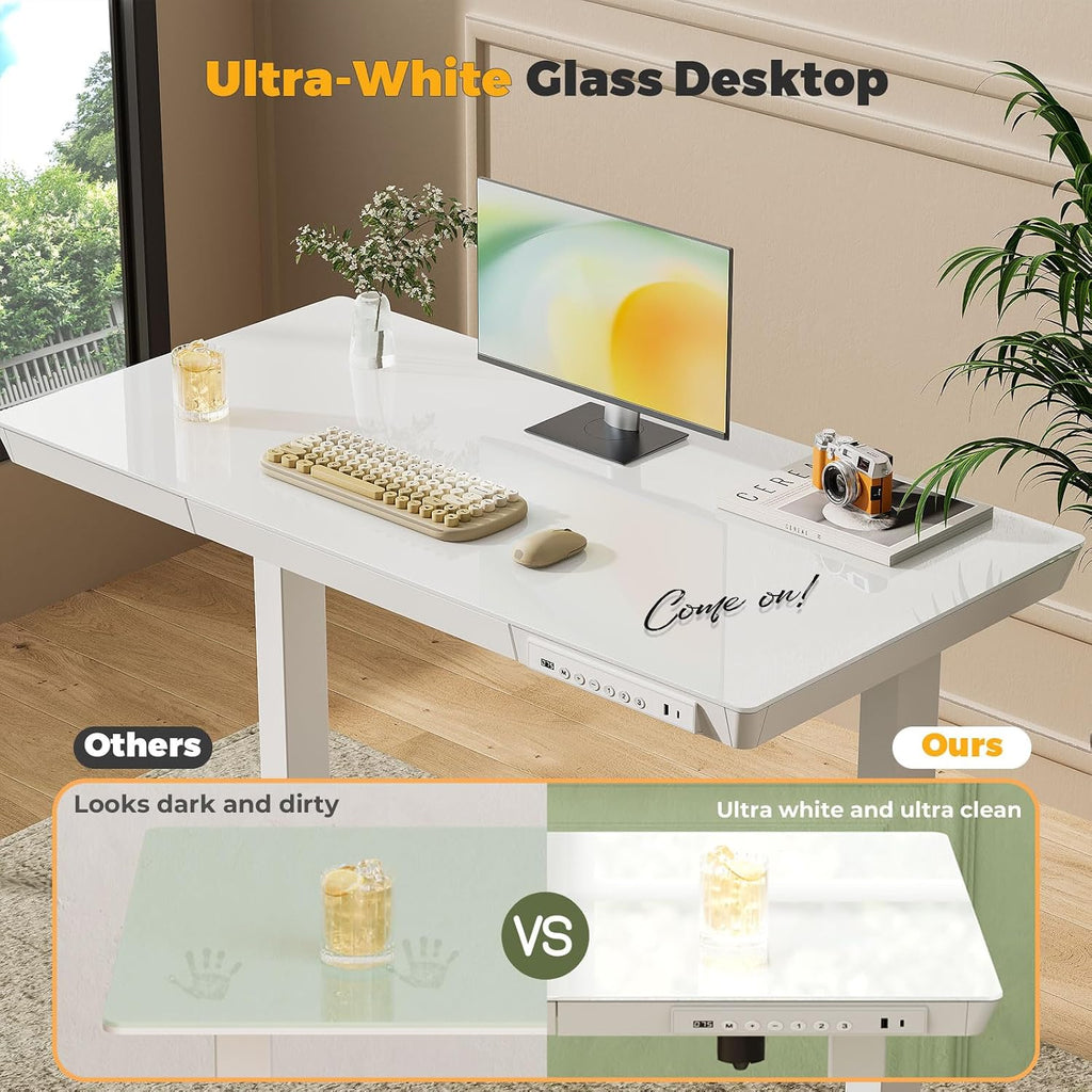 40" Glass Standing Desk with Drawer, Electric Stand up Desk | Height Adjustable Desk with One-Piece Tabletop & USB
