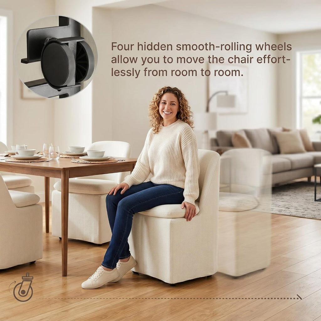 Upholstered Dining Chairs with Casters, Washable Cover Modern Dining Room Chairs with Thick Cushion & Sturdy Metal