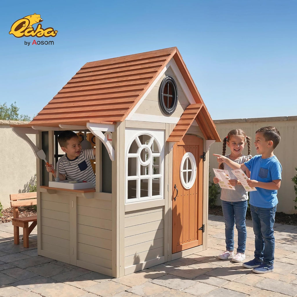 Outdoor Playhouse Wooden Kids Playhouse with Dog Door Ages 2+ Gray | Kids Cottage, Cookware, Blackboard, Clock