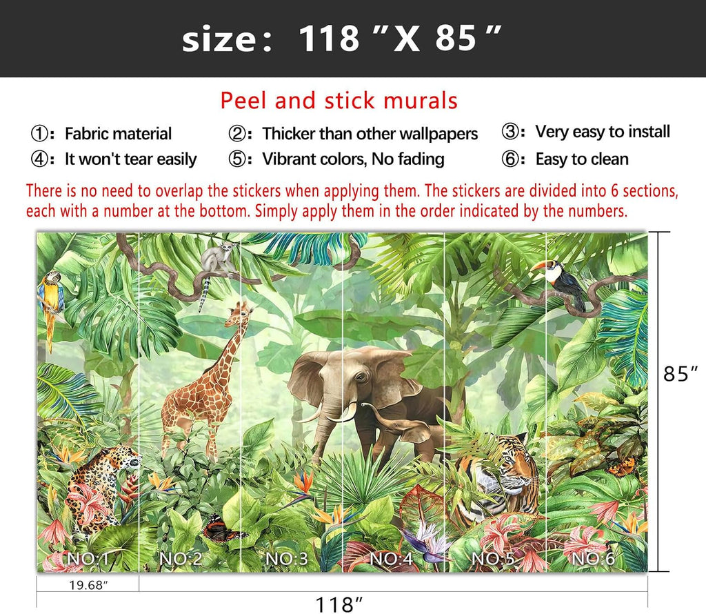 Peel and Stick Animal Wallpaper Tropical Rainforest Zoo Theme Mural | Tear-resistant,with a substantial feel;Will not