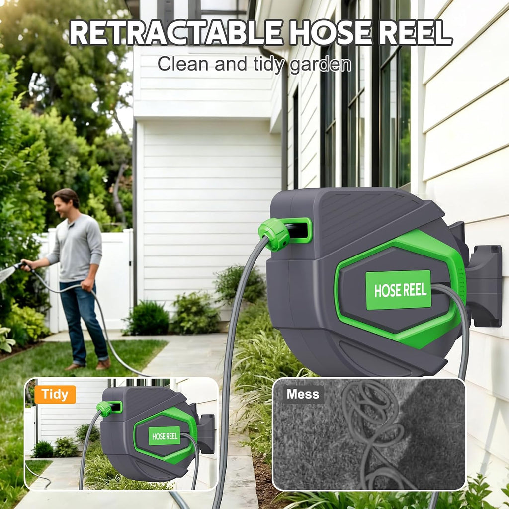 Retractable Garden Hose Reel, 1/2 in x 100 Ft, for Garden Watering | Wall Mounted Auto Rewind Hose Reel & Lock Any