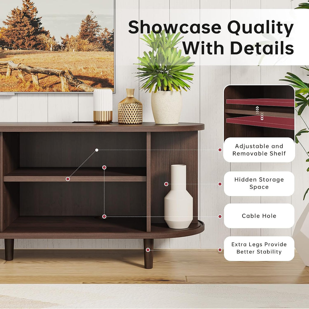 58" Mid Century Modern TV Stand, TV Consoles with Sliding Doors, Wood Entertainment Center with Power Outlet and Adjustable Shelves, Fluted Television Stand for Living Room, Walnut