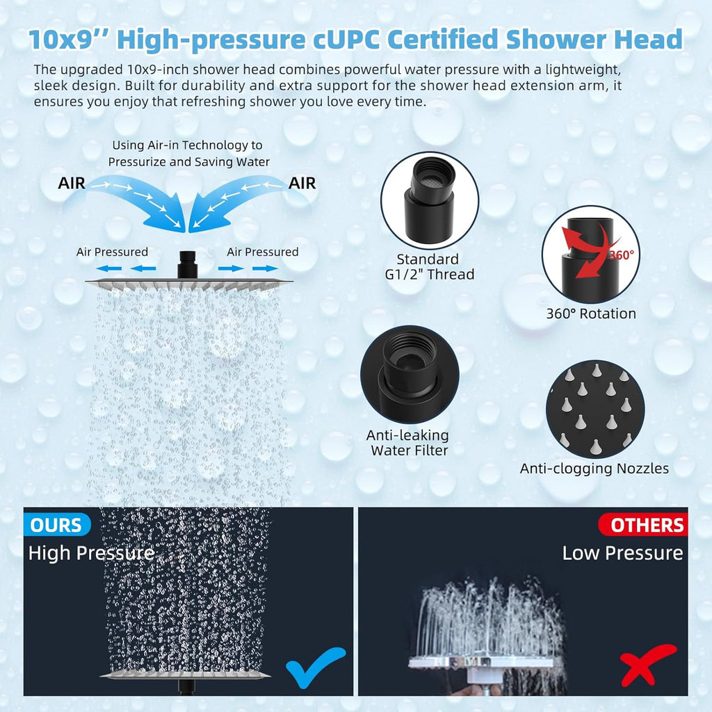 All Metal CUPC Certified 10'' Rainfall Shower Head, Dual Shower Head Combo