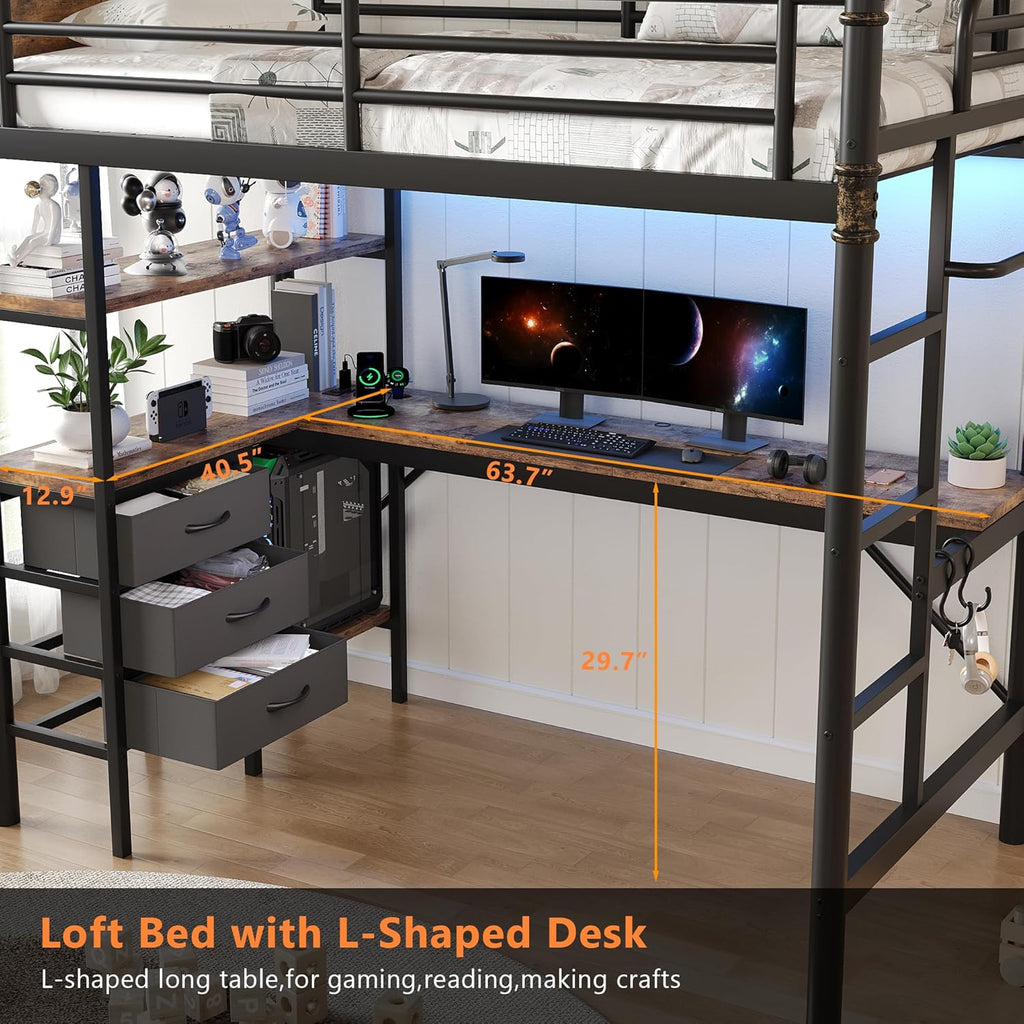 Twin Loft Bed with L-Shaped Desk, LED Lights,Charging Station