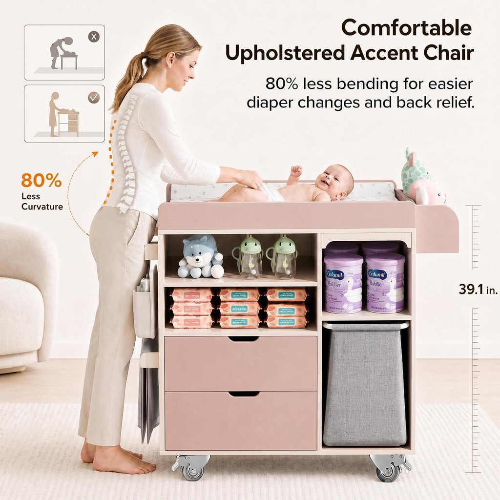 Baby Changing Table, Solid Wood, Drawers & Storage, Rolling, Waterproof Pad | Solid wood frame for durability