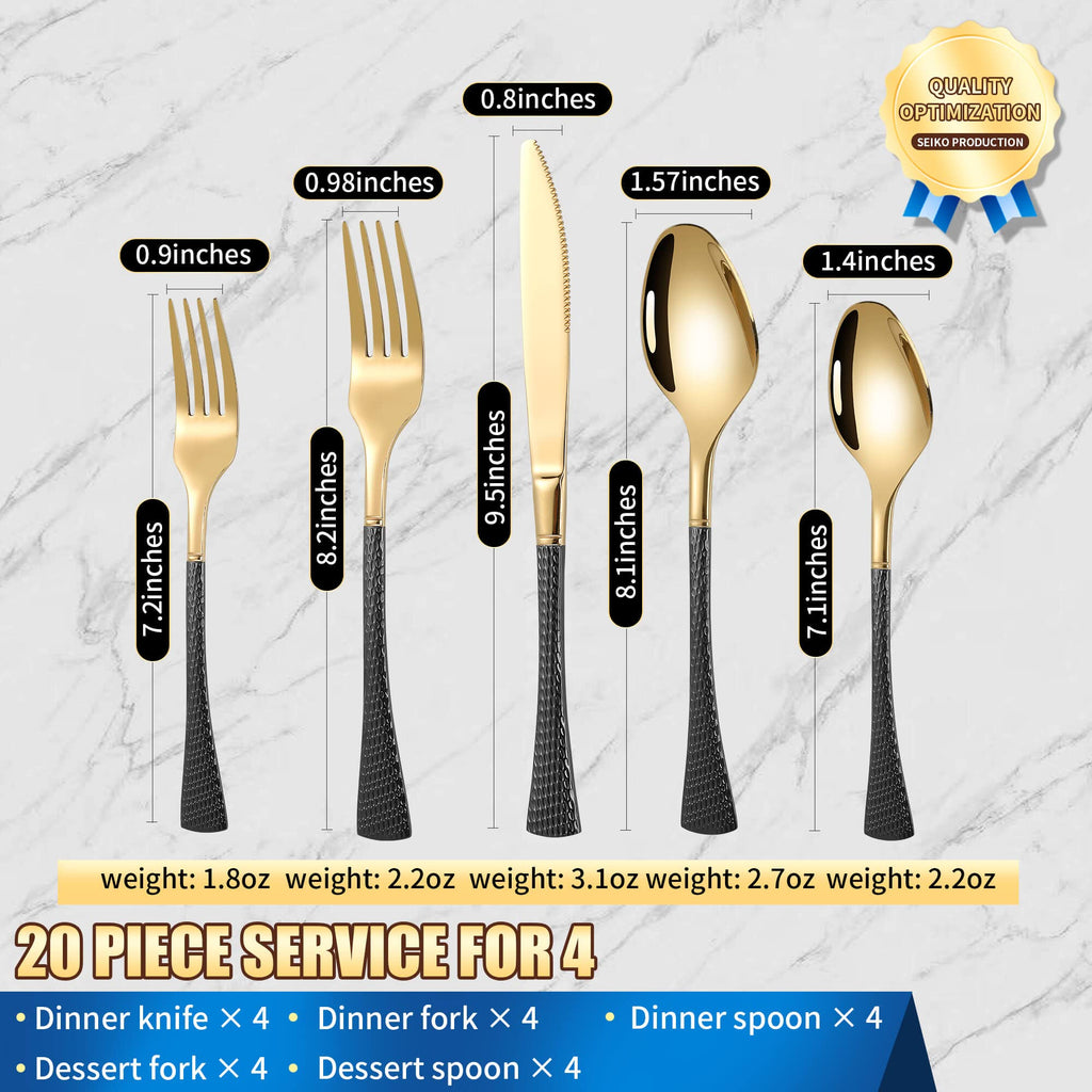 Hammered Black Gold Silverware Set,20 Piece Modern Flatware Set Service for 4,Mirror Polished Stainless Steel Cutlery