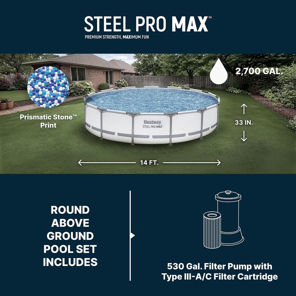 Steel Pro MAX 14' x 33" Round Above Ground Pool Set with Pump | Metal Frame Pool, Corrosion-Resistant Steel