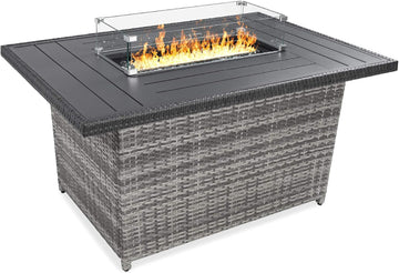52in 50,000 BTU Outdoor Wicker Patio Propane Gas Fire Pit Table w/Aluminum Tabletop, Glass Wind Guard