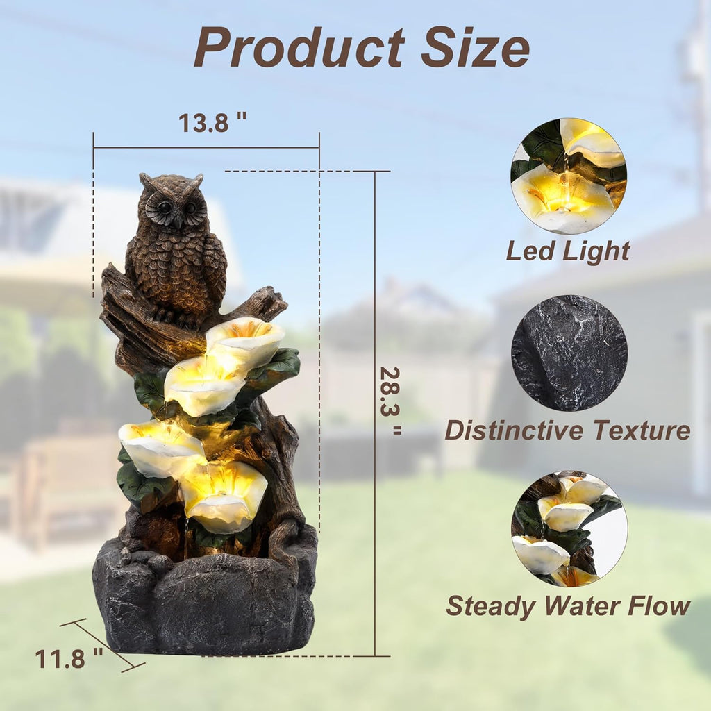 28" Outdoor Water Fountain with Led Lights, 4-Tiered Owl & Calla Lil Water Fountain, Outdoor Garden Waterfall Decor