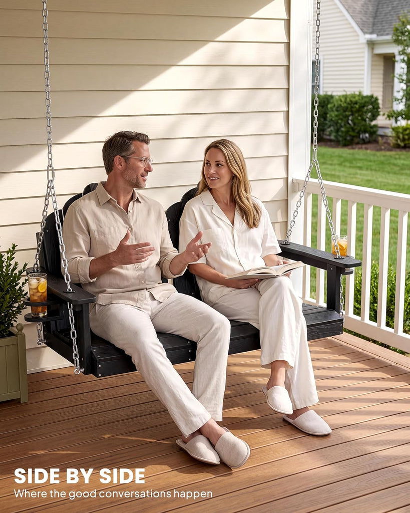 Porch Swing Bench for Adults, HDPE Wood Grain Outdoor Swing, Black | 2 seat for a couple or parent and child; two cup