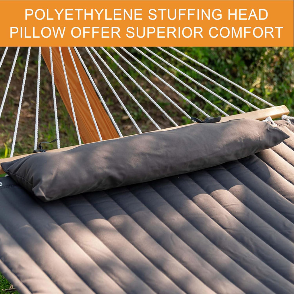 12 FT Double Quilted Fabric Hammock and 13 FT Brown Wood Arc Stand, with Spreader Bar, Removable Pillow, 2 Person