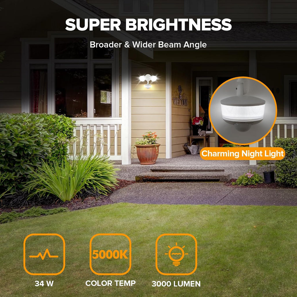 34W 3000 Lumen Motion Sensor Outdoor Lights, 5000K Daylight, IP65 Waterproof Flood Lights Outdoor with Night Light