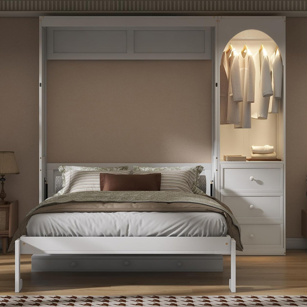 Queen Murphy Bed with Desk, Storage Shelf, 3 Drawers, Solid Wood Frame, 800 lbs Capacity, Easy to Install, Quiet