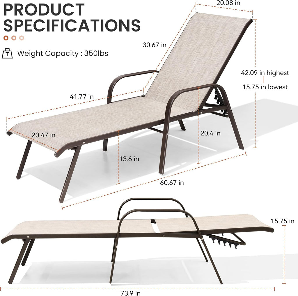 Chaise Lounge Chair Outdoor, Pool Chairs Set of 2 with Armrests (Beige) | 5-Position Adjustable Backrest, Sturdy