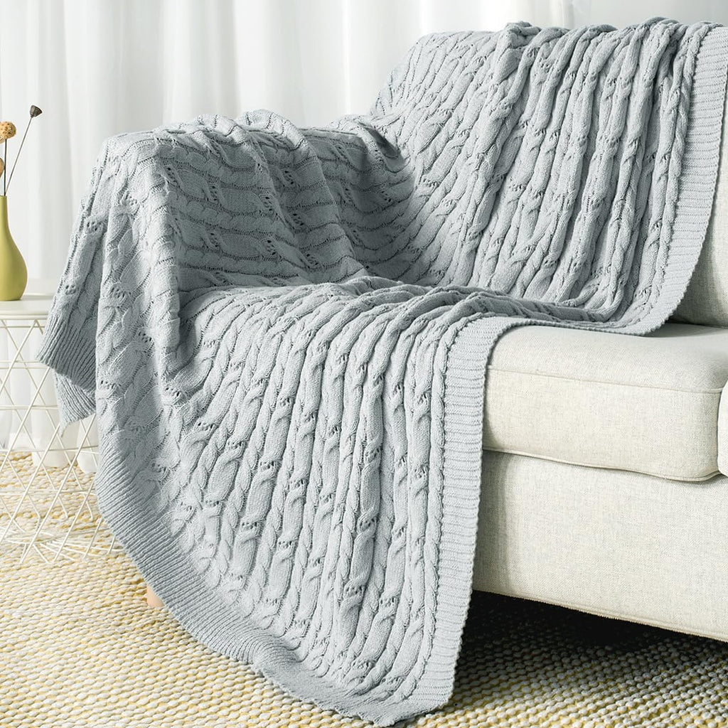 Cable Knit Throw Blanket Soft Textured Lightweight Farmhouse Decorative Throws Summer Knitted Woven Chenille