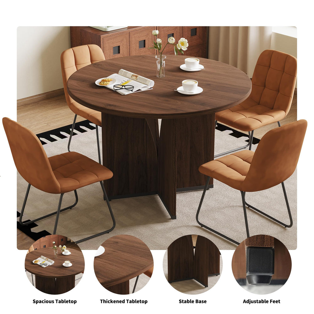 Modern Round Dining Table Set for 4, 39.4" Walnut Kitchen Table with 4 PU Leather Chairs, 5-Piece Mid-Century Dining