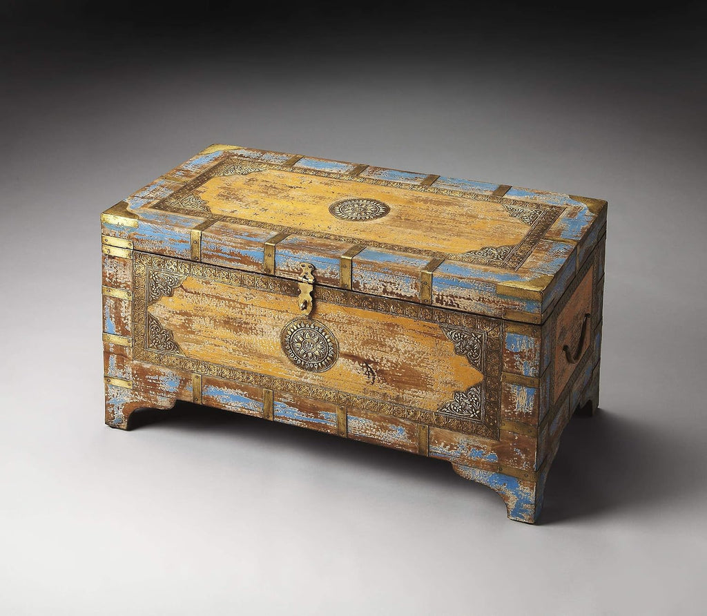 Nador Painted Brass Inlay Steamer Trunk - Large Decorative Storage Chest & Wood Trunk | Vintage Hand Painted Storage