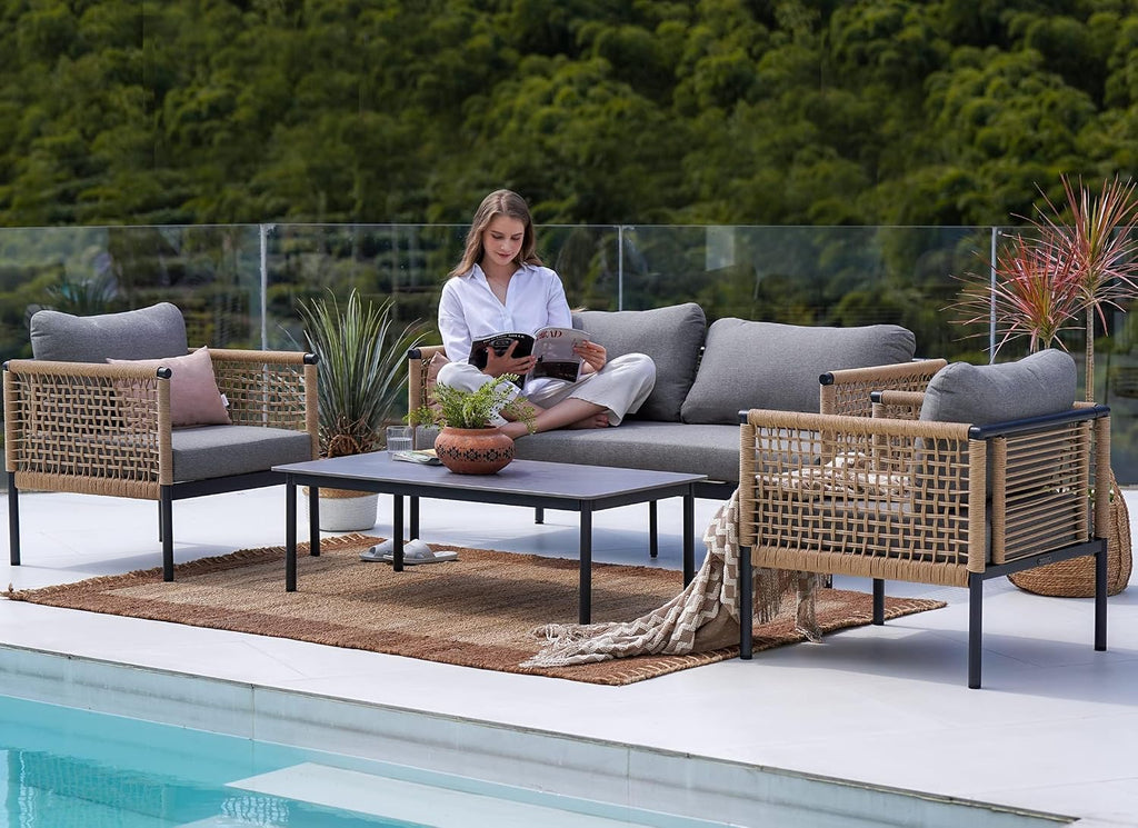 Outdoor 4-Piece Conversation Set Rust Free Patio Furniture Set Open-Weave Wicker Olefin Modern Sofa Seating for