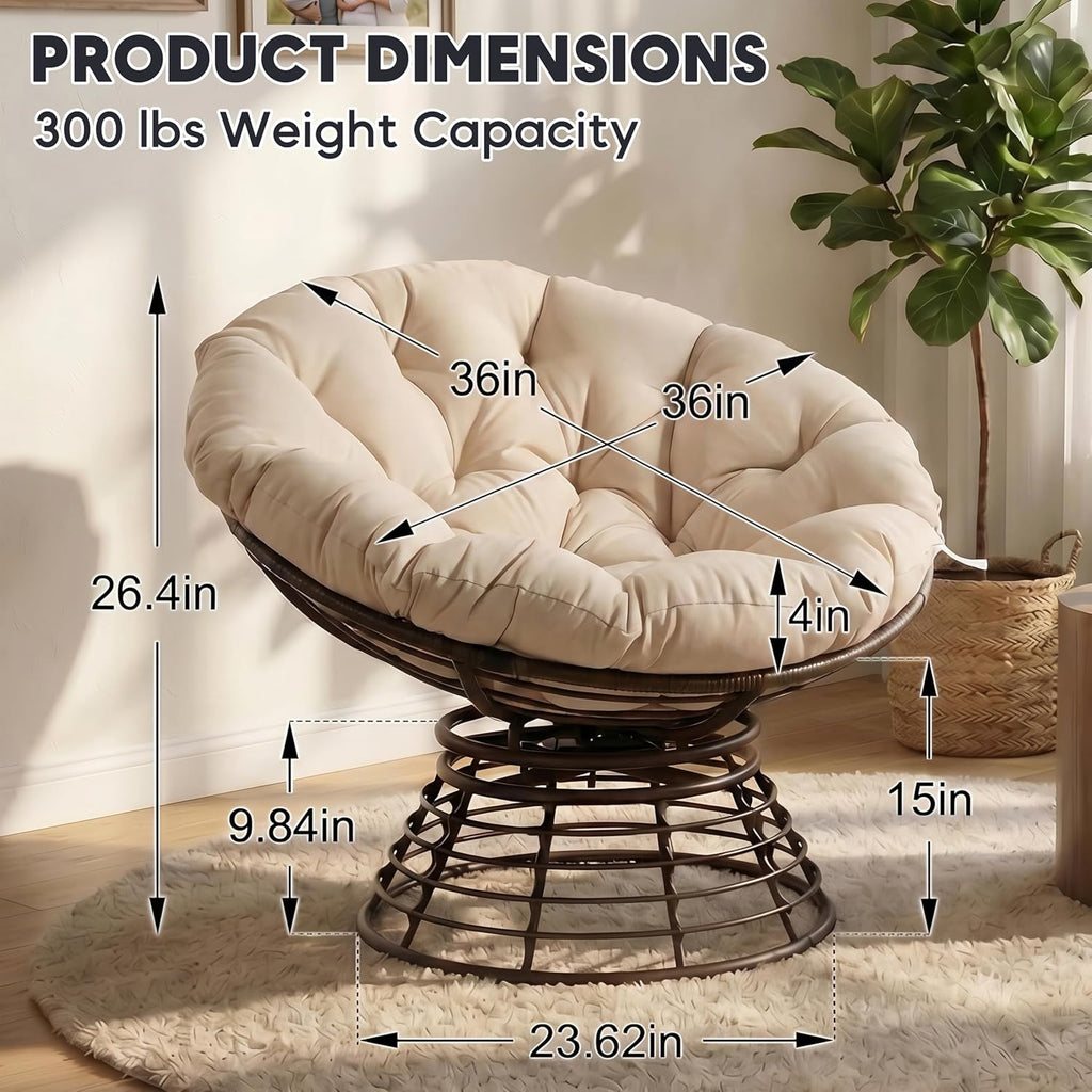 Comfortable 36" Ergonomic Wicker Papasan Chair, 360° Swivel Wicker Accent Chair Polyester Fabric Cushion, Ideal