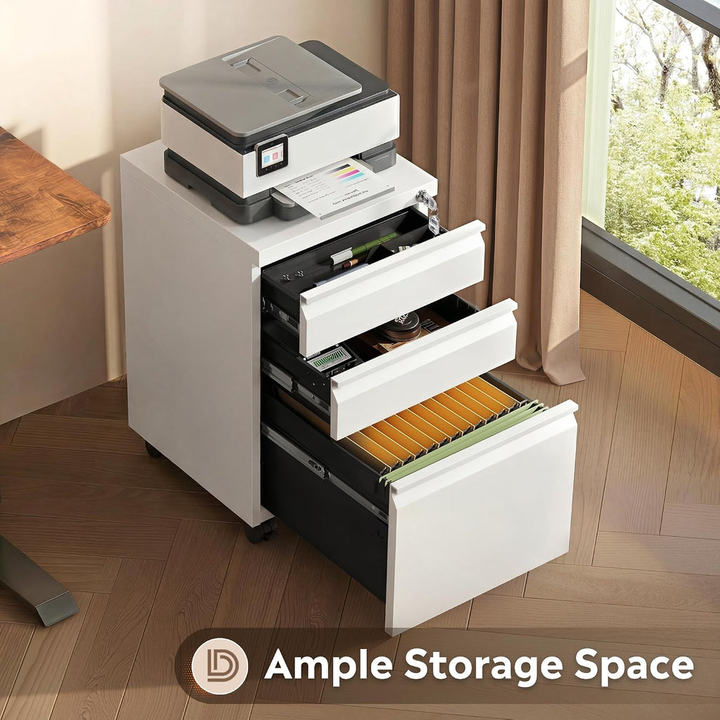 3 Drawer Mobile File Cabinet, Fully Assembled Except Casters | Under Desk Metal Filing Cabinet with Lock , Fits