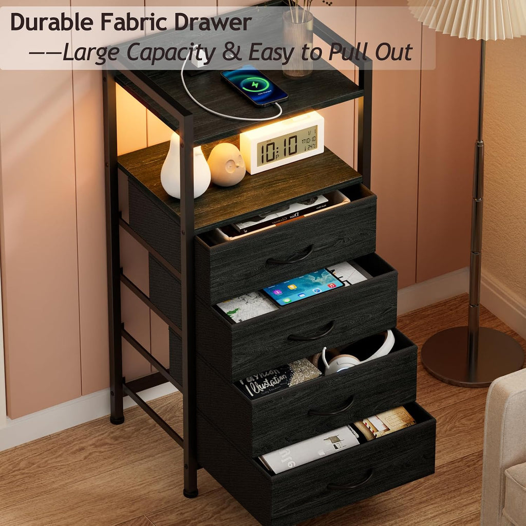 Night Stand with Charging Station, Black Nightstand with Drawers and Led Light, Tall Dresser , Bedside Table with
