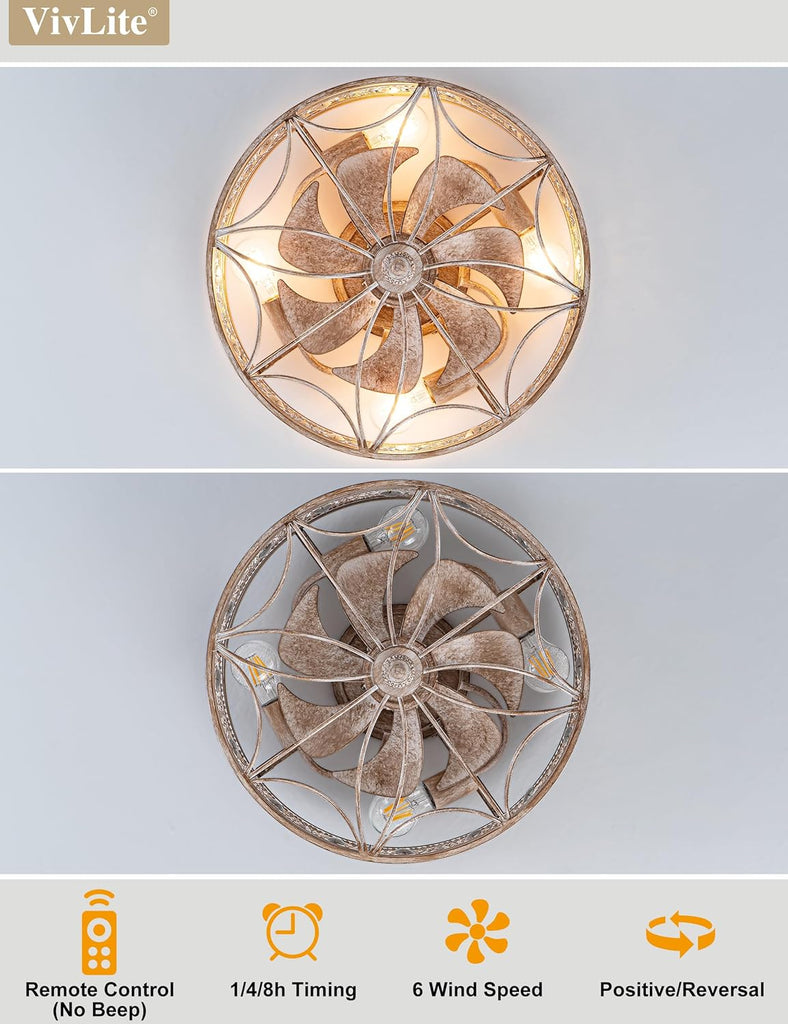 Farmhouse Fandelier Ceiling Fan with Light and Remote,Rustic Country Cottage Crystal Caged Wood-Look Light Fixture