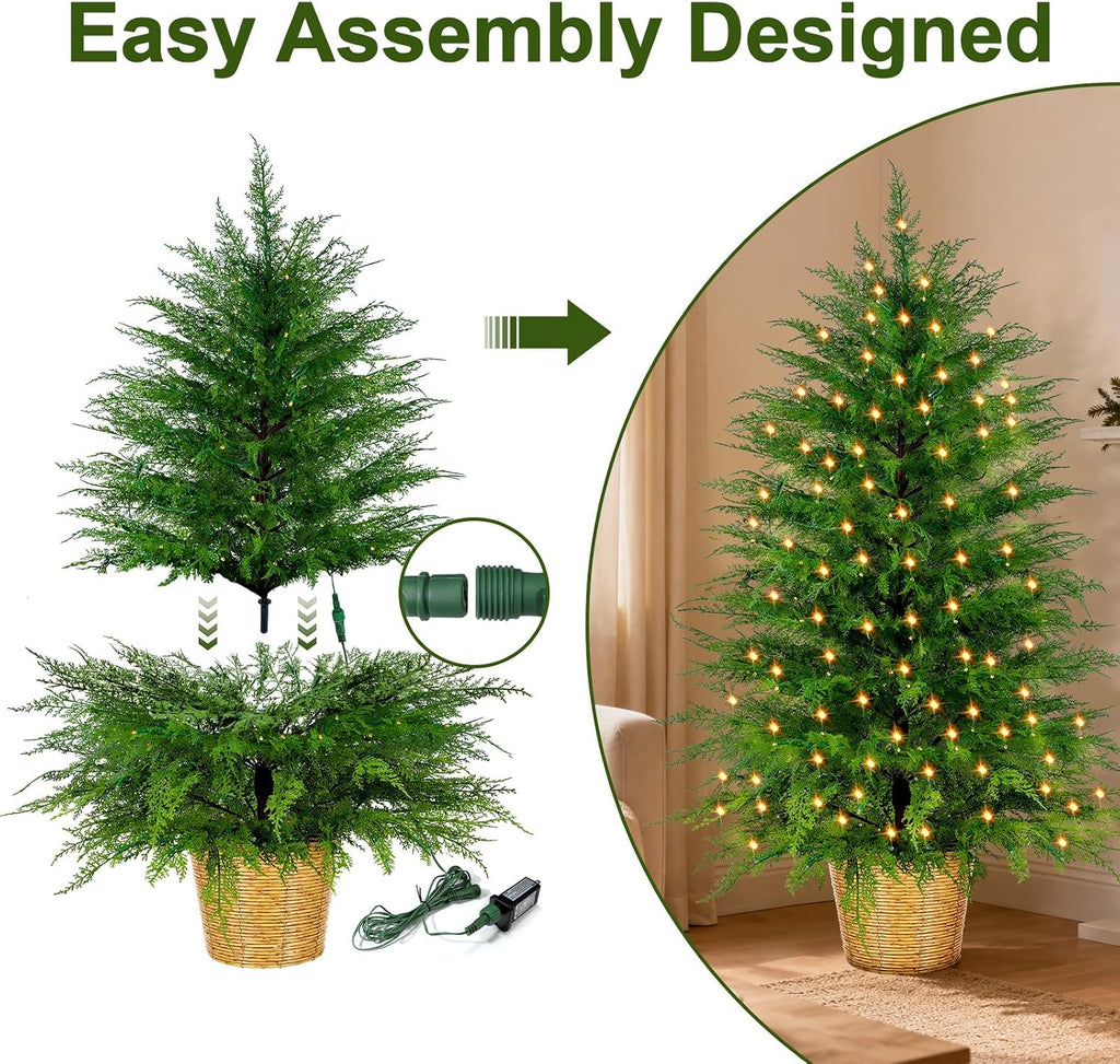 Prelit Artificial Cedar Christmas Tree with Lights Plug in Power, 3 to 5 ft, Faux Cedar Potted Christmas Tree in Decorative
