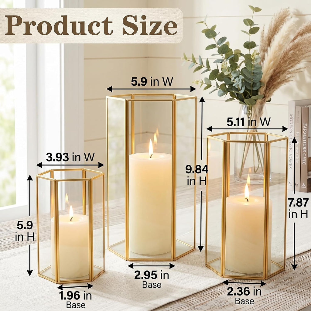 Glass Hurricane Candle Holder, Set of 3 Large Clear Hexagon Lanterns Pillar Candle Lantern with Gold Metal Frame