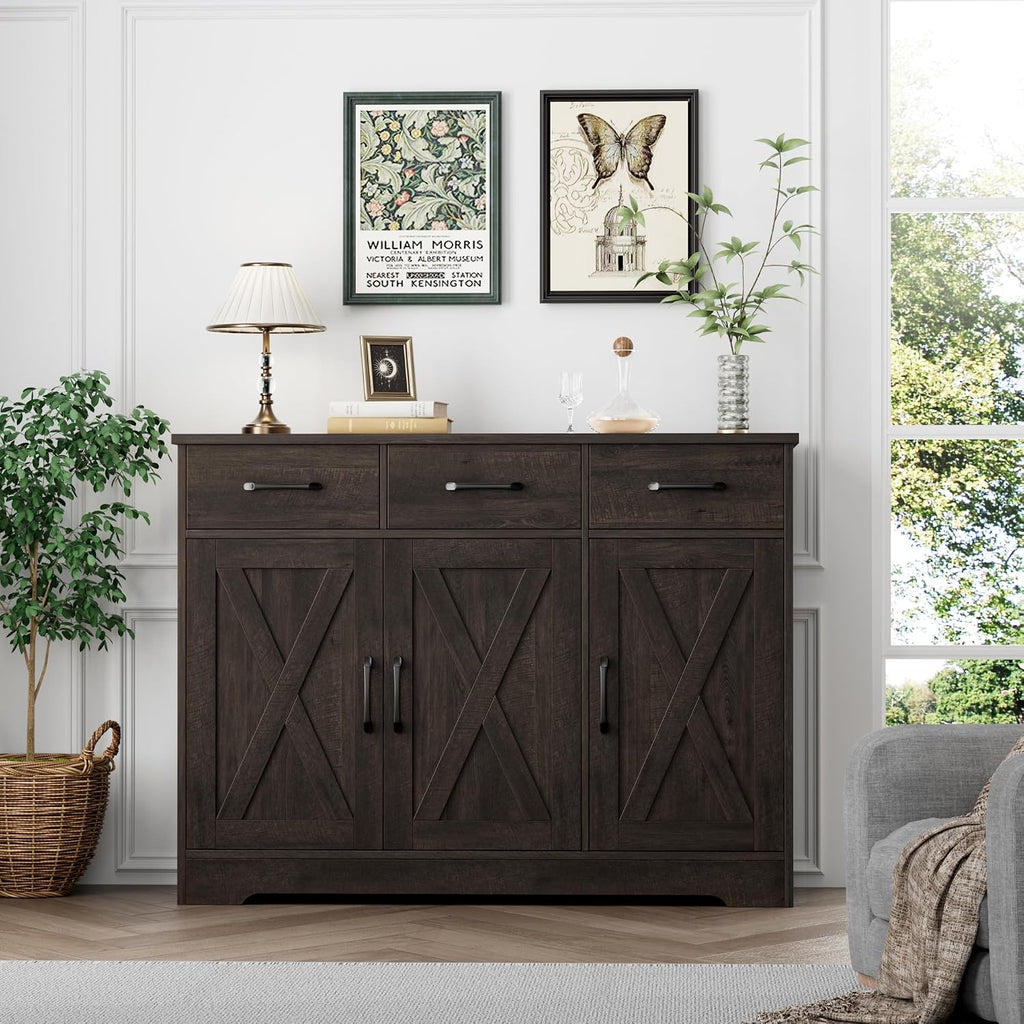 Kitchen Buffet Cabinet with Storage, Sideboard Coffee Bar, Brown | Farmhouse Kitchen Storage Cabinet with 3 Drawers &