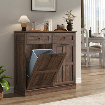 13 Gallon Double Tilt-Out Trash Can Cabinet, Farmhouse Hidden Garbage Wooden Bin Cabinet with 2 Drawers, Brown