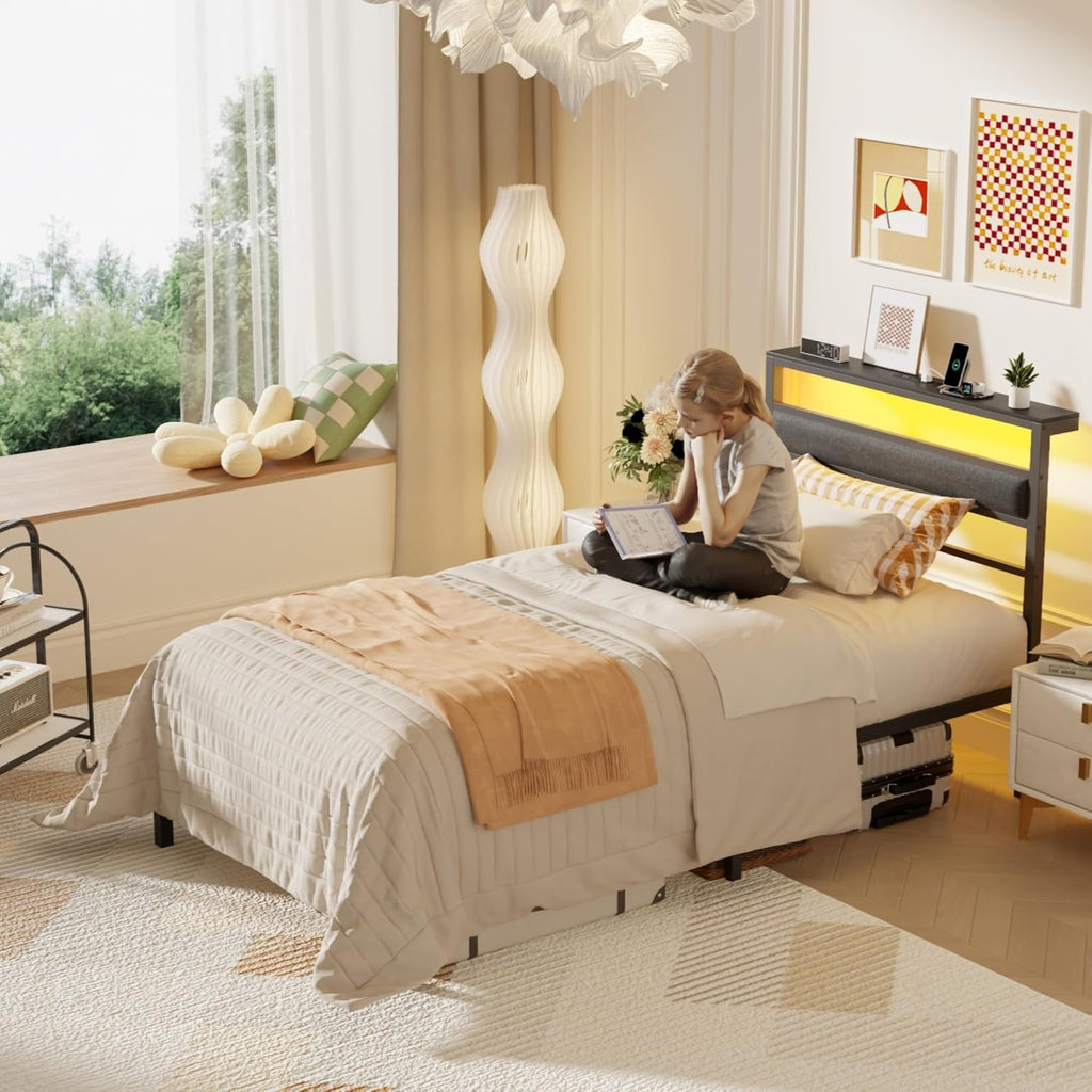 Twin Bed Frames for Kids, Upholstered Headboard and Storage Shelf | led lights, under-bed storage, no box spring