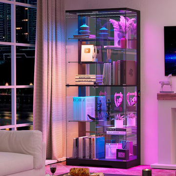 Lockable Display Cabinet with Glass Doors and RGB Lights - Black