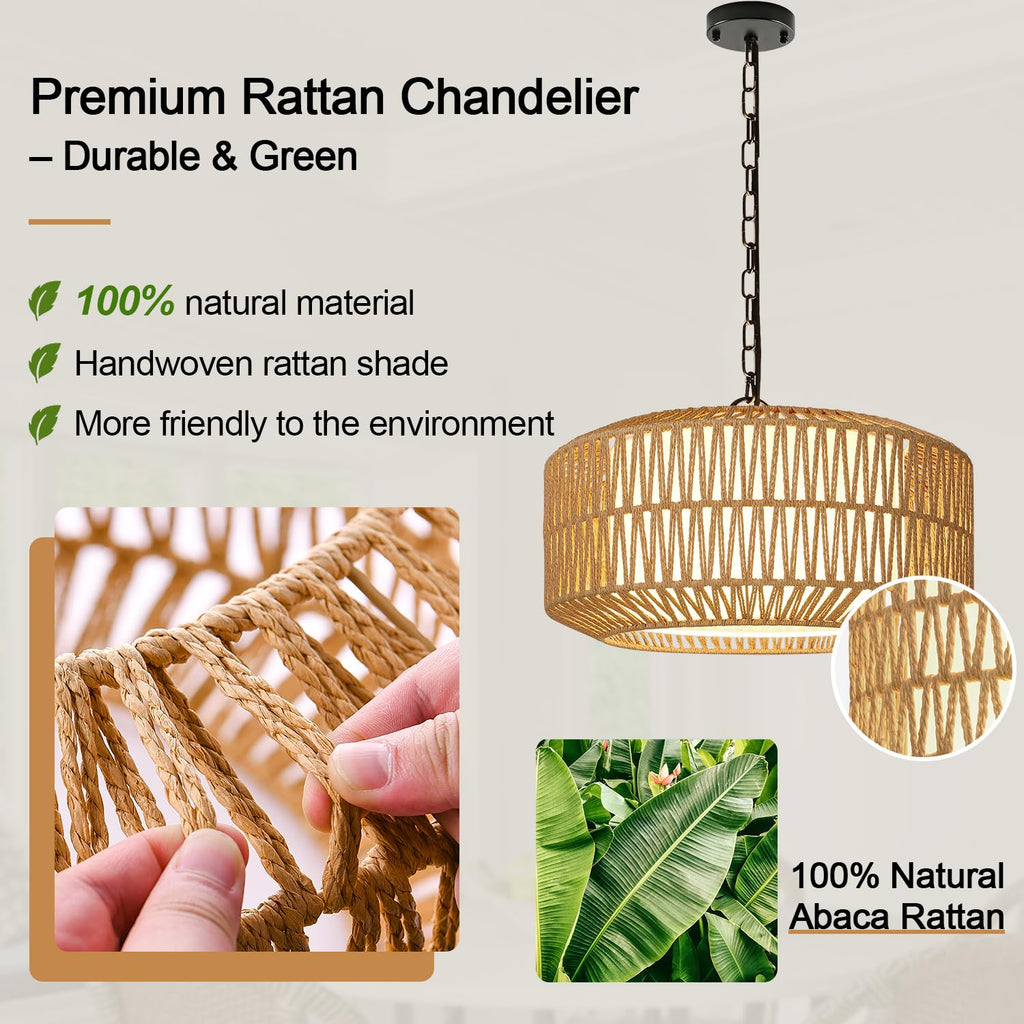 19" Rattan Chandelier, Boho Dining Room Light Fixture