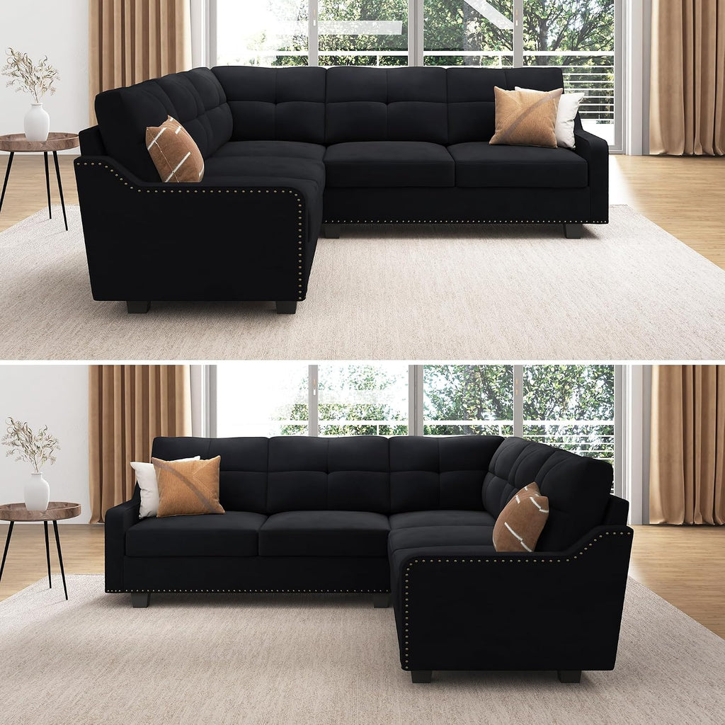 Convertible Sectional Sofa L Shaped Couch for Small Apartment Reversible Sectional Couch ,Velvet Black