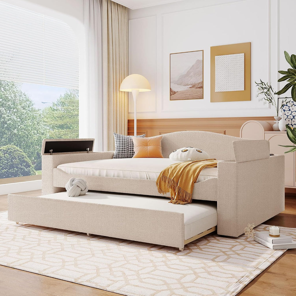 & Bright Designs Upholstered Daybed with Trundle, Full Size Day Bed Frame with Storage Armrests, USB Ports and