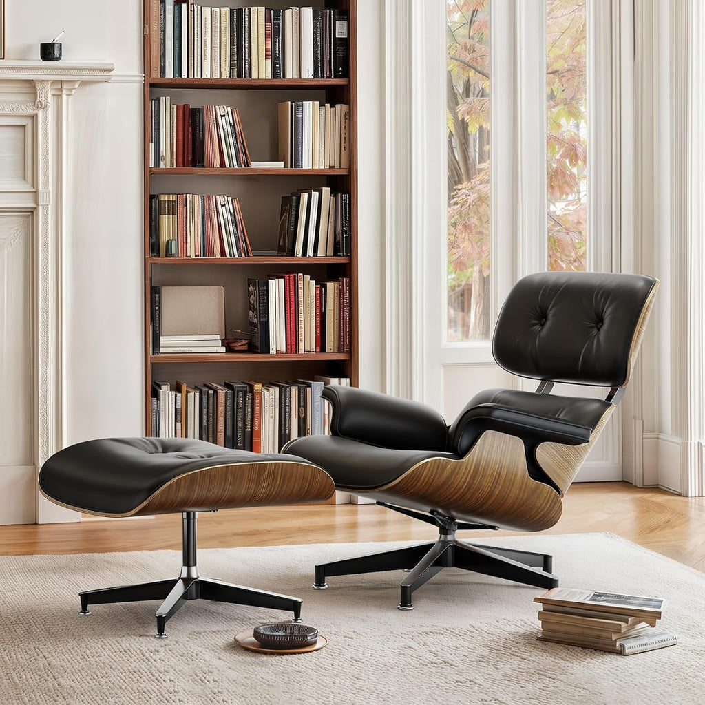 Inspired Eames Style Lounge Chair and Ottoman — Black PU Leather, Walnut Base, Standard Build