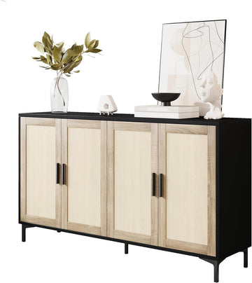 Buffet Cabinet with Storage, 48" Rattan Sideboard with Adjustable Shelves