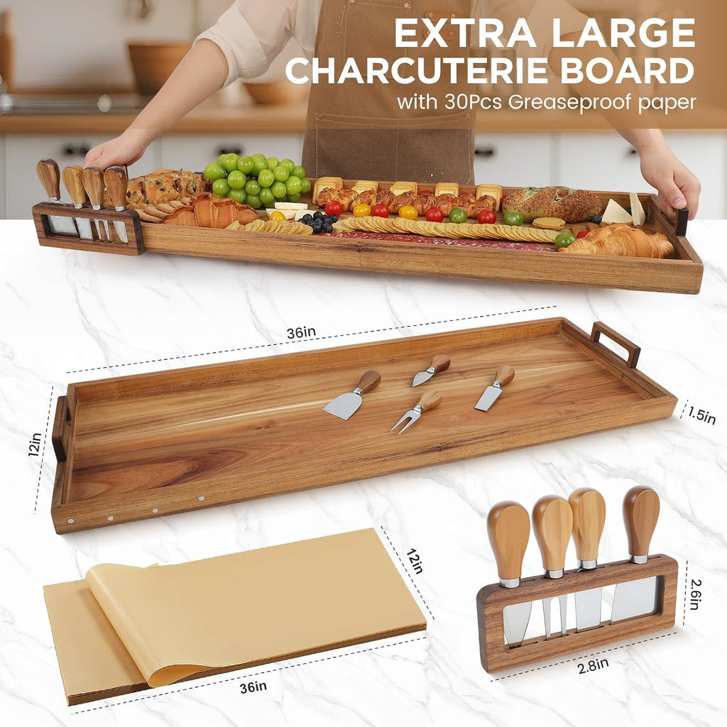 Acacia Wood Large Charcuterie Board 36x12 Inch with Cheese Knife Set | Extra Large Acacia Wood Board with