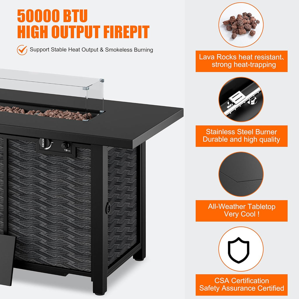 Propane Fire Pits 43″ Outdoor Gas Fire Pit, 50,000 BTU Rectangle Gas Fire Pit Table with Lava Rocks