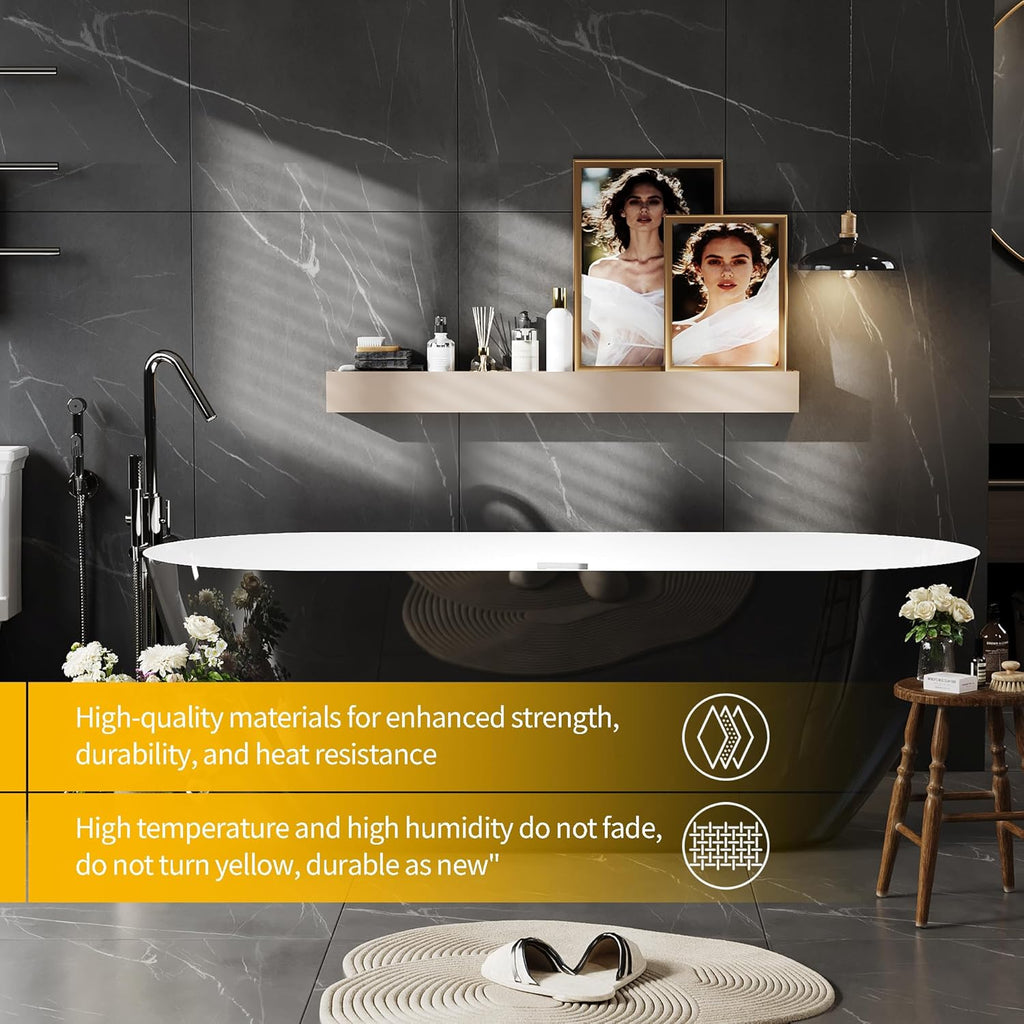 59 Inch Acrylic Freestanding Bathtub, Deep Soaking Tub with White Interior Black Exterior, Oval Stand Alone Acrylic