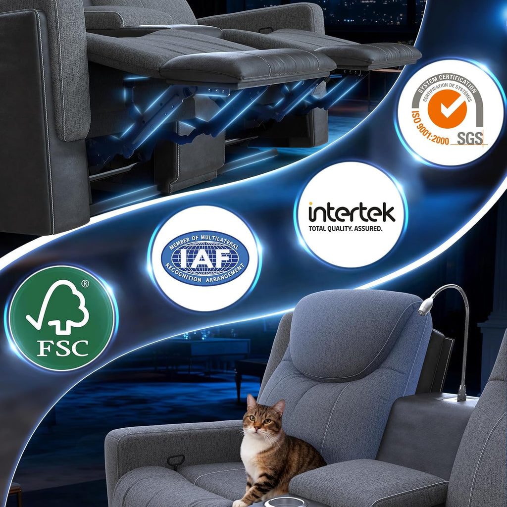 Manual Loveseat Recliner Sofa, Home Theater Seating with Touch Reading Light, Console with Cup Holders & Storage