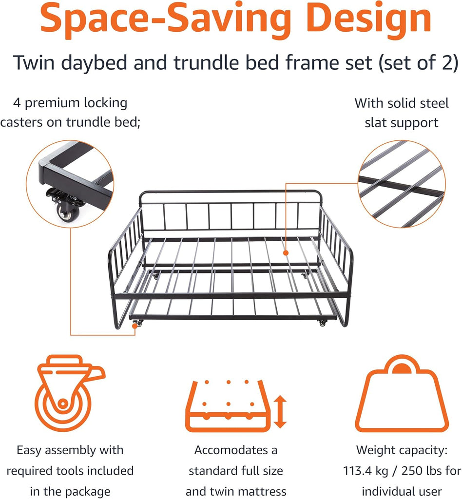 Full Size Daybed and Twin Size Trundle Bed Frame Set, Space Saving Steel Slat Support, Sturdy Metal Design, Easy