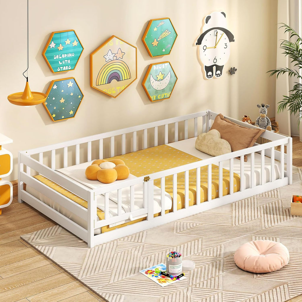 Twin Floor Bed with Fence for Kids, Wooden Montessori Bed Frame with Lockable Door & Guardrails, Low Floor Beds for